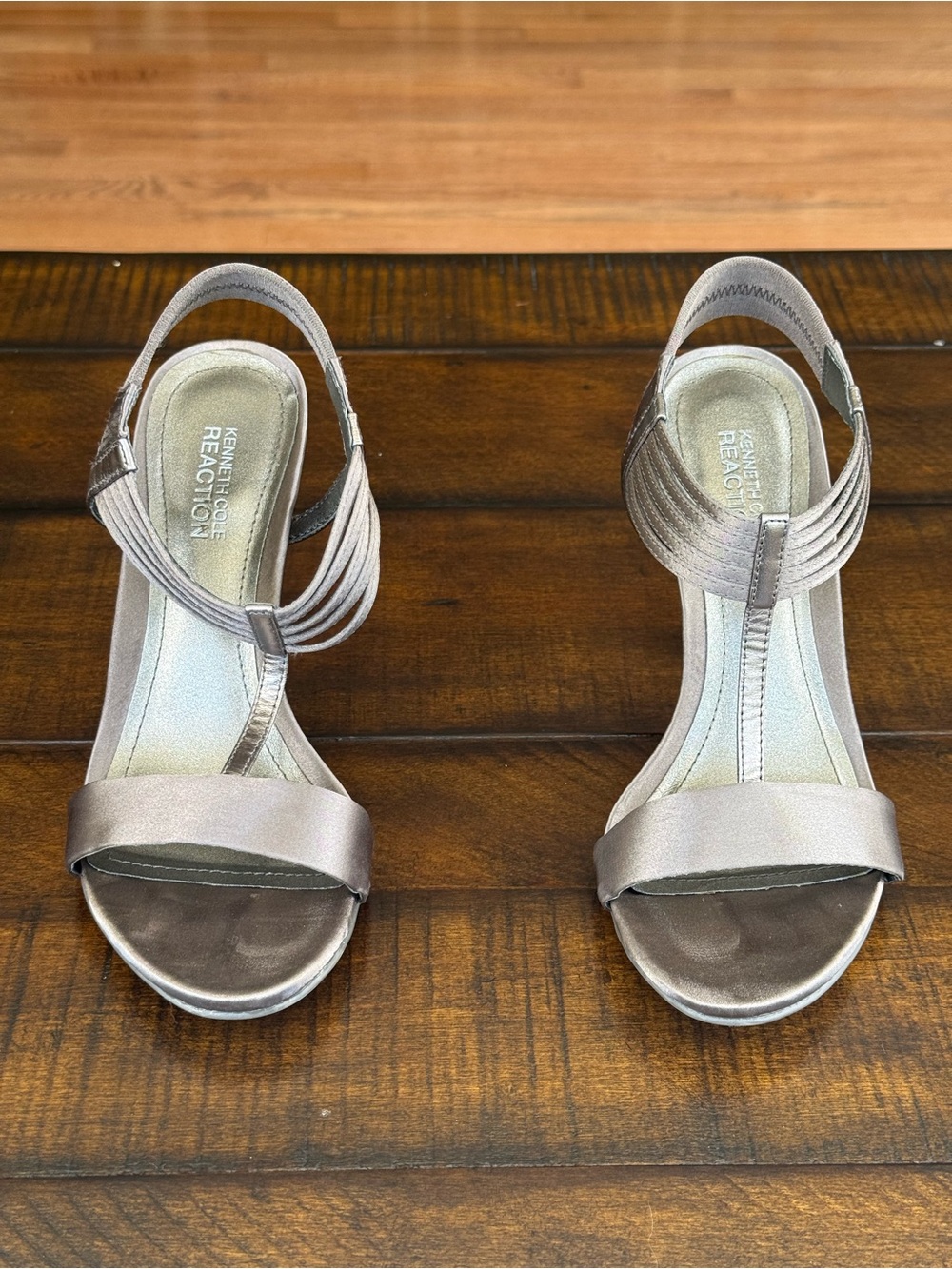 Kenneth Cole Reaction Metallic Taupe Open-Toe Slingback Heels